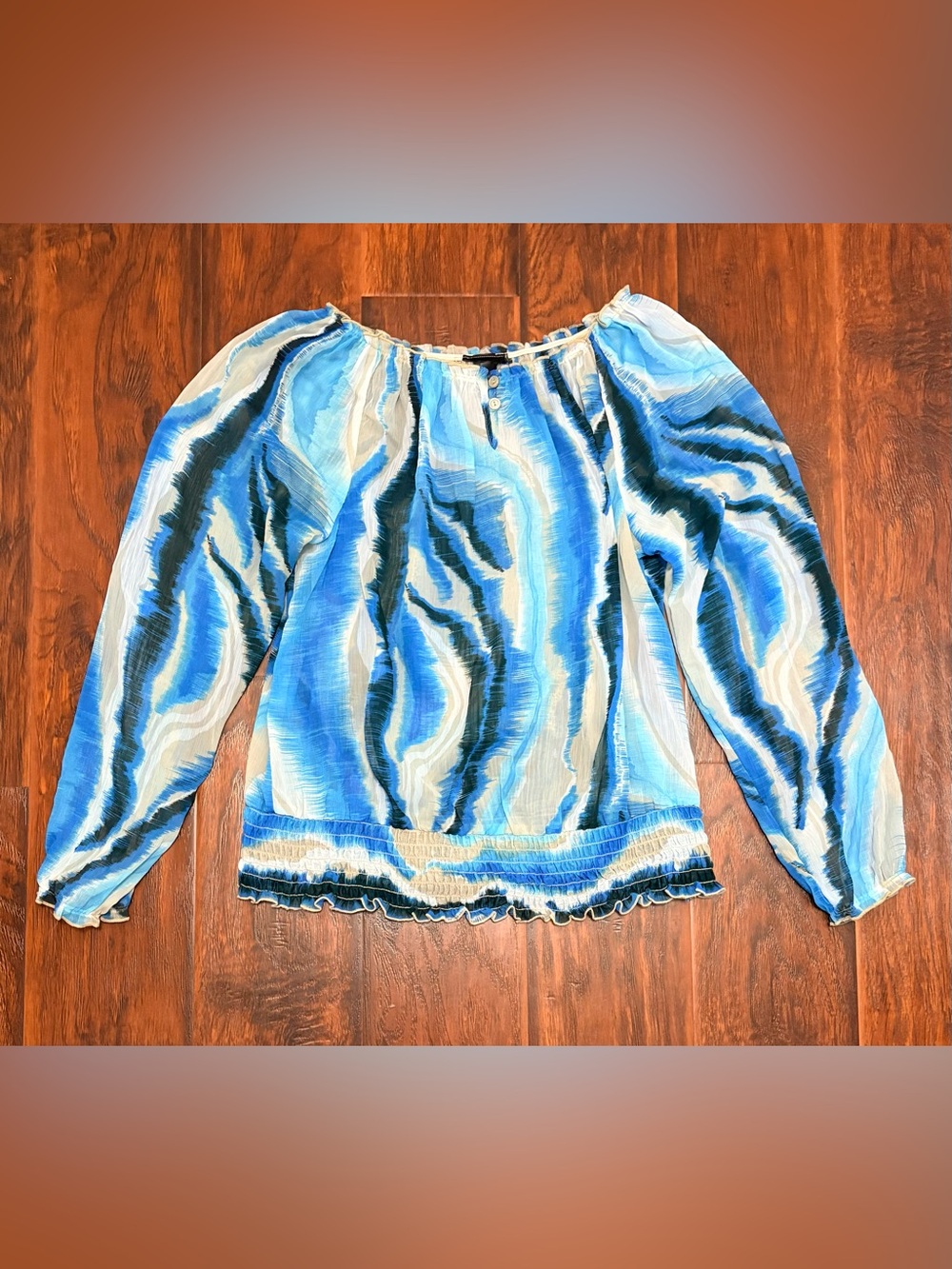 Women’s 14/16 Blue Abstract Print Long Sleeve Peasant Blouse Made in USA